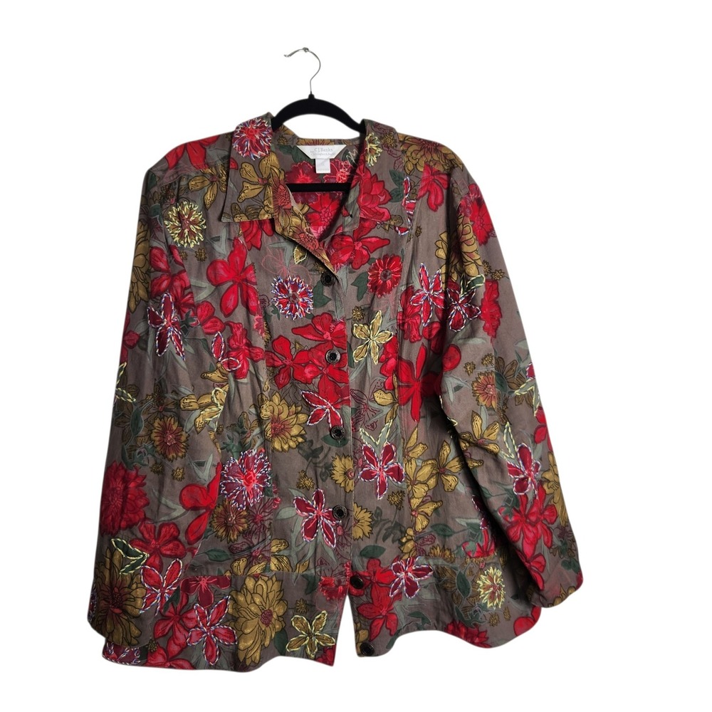 CJ Banks Christopher & Banks Floral Embroidered Cotton Jacket Brown Red 3X